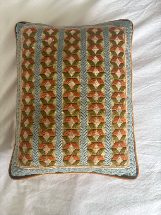 Other - Vintage 1960s Handmade Needlepoint Pillow Geometric Wool Orange Velvet 16x13 MCM